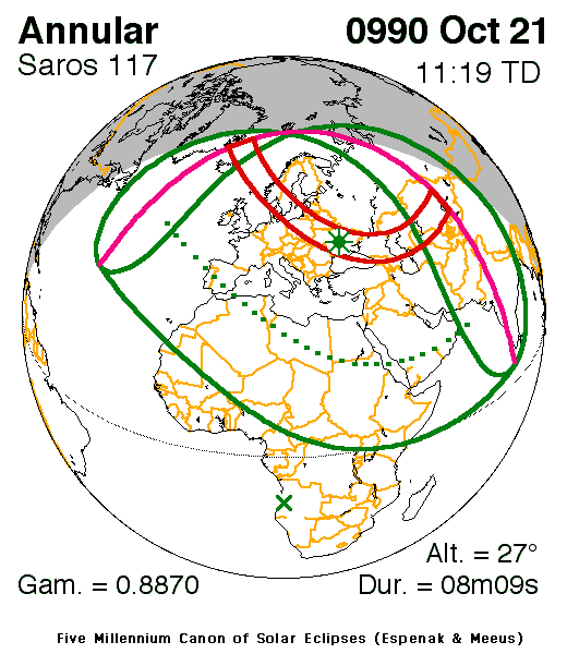 Verlauf der Zentralzone der Ringförmigen  Sonnenfinsternis am 21.10.990