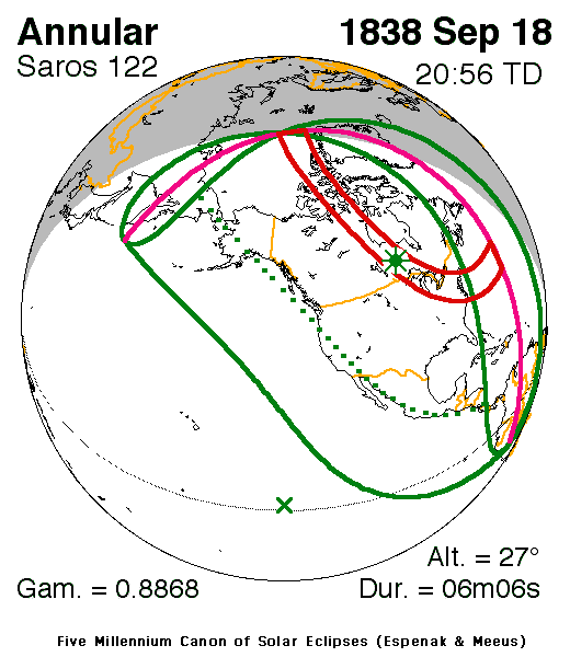 Verlauf der Zentralzone der Ringförmigen Sonnenfinsternis am 18.09.1838