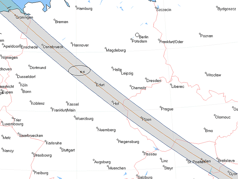 Verlauf der Zentralzone der Totalen Sonnenfinsternis am 16.07.1330