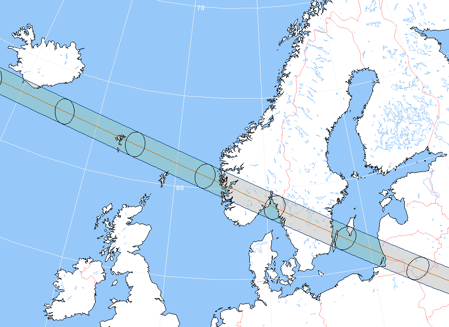 Verlauf der Zentralzone der Totalen Sonnenfinsternis am 30.06.1954 durch Nordeuropa
