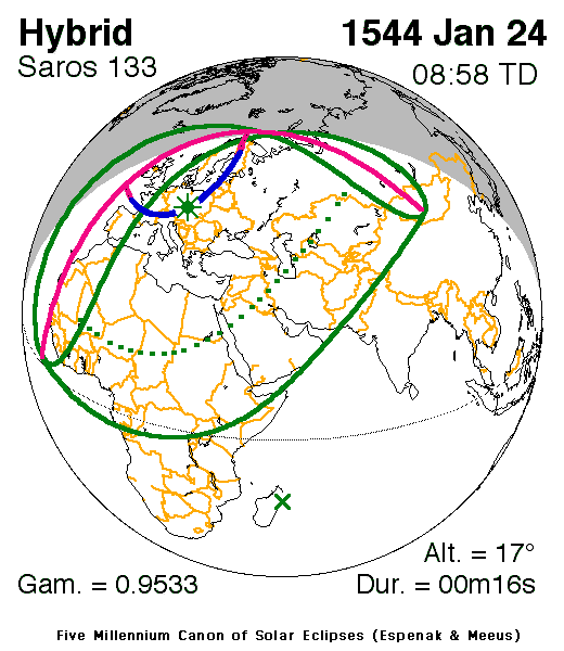 Verlauf der Zentralzone der Totalen Sonnenfinsternis am 24.01.1544