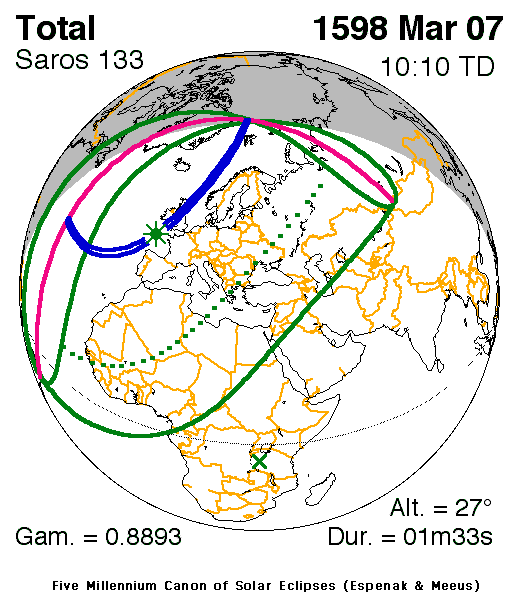 Verlauf der Zentralzone der Totalen Sonnenfinsternis am 07.03.1598