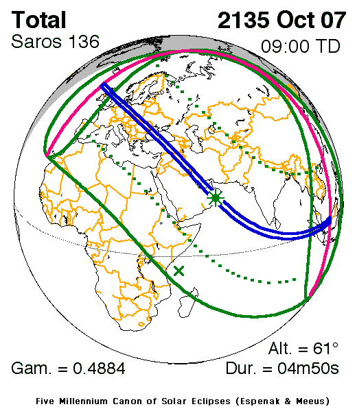 Verlauf der Zentralzone der Totalen Sonnenfinsternis am 07.10.2135