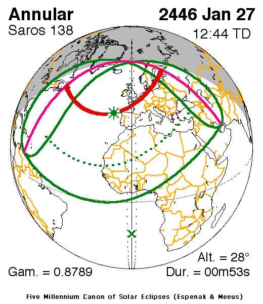 Verlauf der Zentralzone der Ringförmigen Sonnenfinsternis am 27.01.2446
