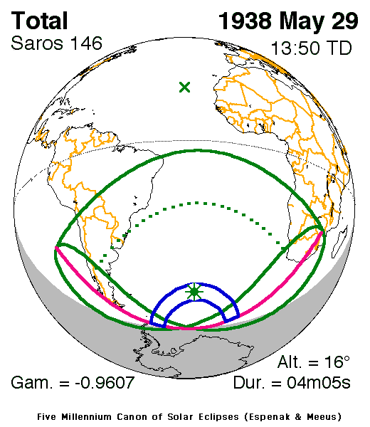 Verlauf der Zentralzone der Totalen Sonnenfinsternis am 29.05.1938