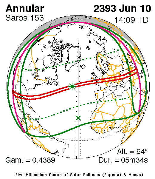 Verlauf der Zentralzone der Ringförmigen Sonnenfinsternis am 10.06.2393