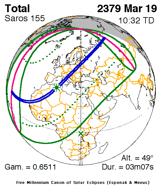 Verlauf der Zentralzone der Totalen Sonnenfinsternis am 19.03.2379