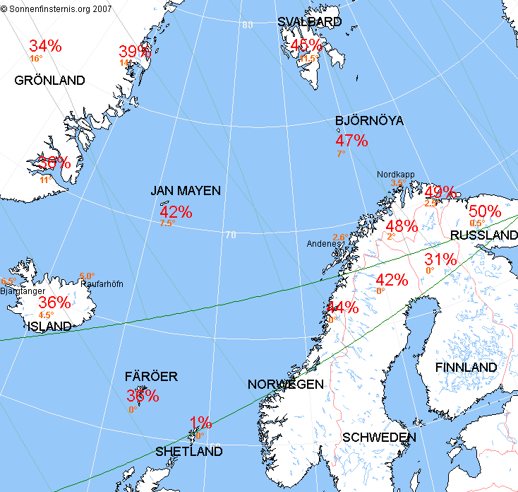 Bedeckungsgrad der Sonnenscheibe und Sonnenhöhe beim Finsternismaximum für verschiedene Regionen und Orte in Nordeuropa