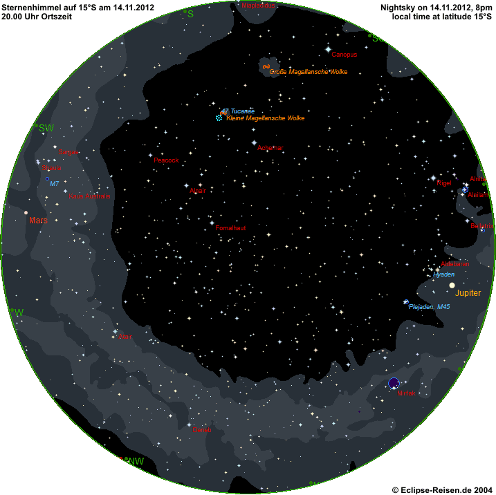Nachthimmel auf 15° Süd Mitte November 2012 um 20.00 Uhr Ortszeit