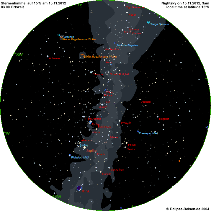 Nachthimmel auf 15° Süd Mitte November 2012 um 03.00 Uhr Ortszeit