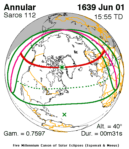 Verlauf der Zentralzone der Sonnenfinsternis am 01.06.1639