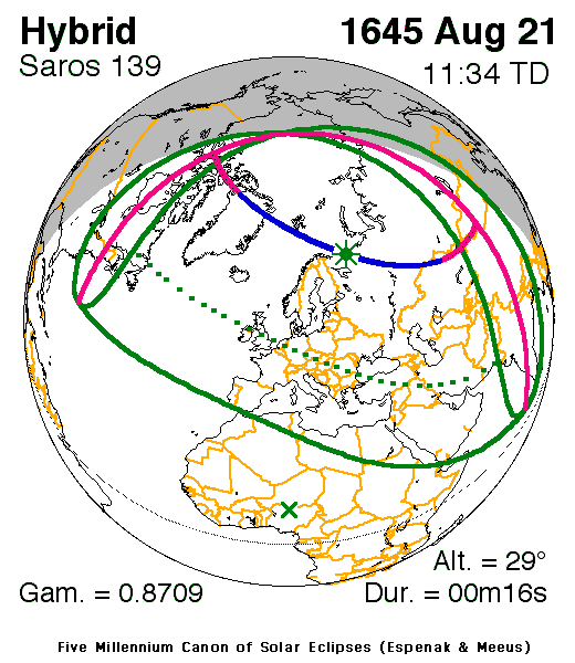 Verlauf der Zentralzone der Sonnenfinsternis am 21.08.1645