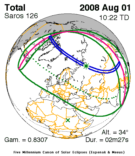 Verlauf der Zentralzone der Sonnenfinsternis am 01.08.2008