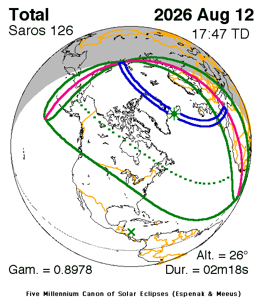Verlauf der Zentralzone der Sonnenfinsternis am 12.08.2026