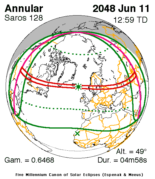 Verlauf der Zentralzone der Sonnenfinsternis am 11.06.2048