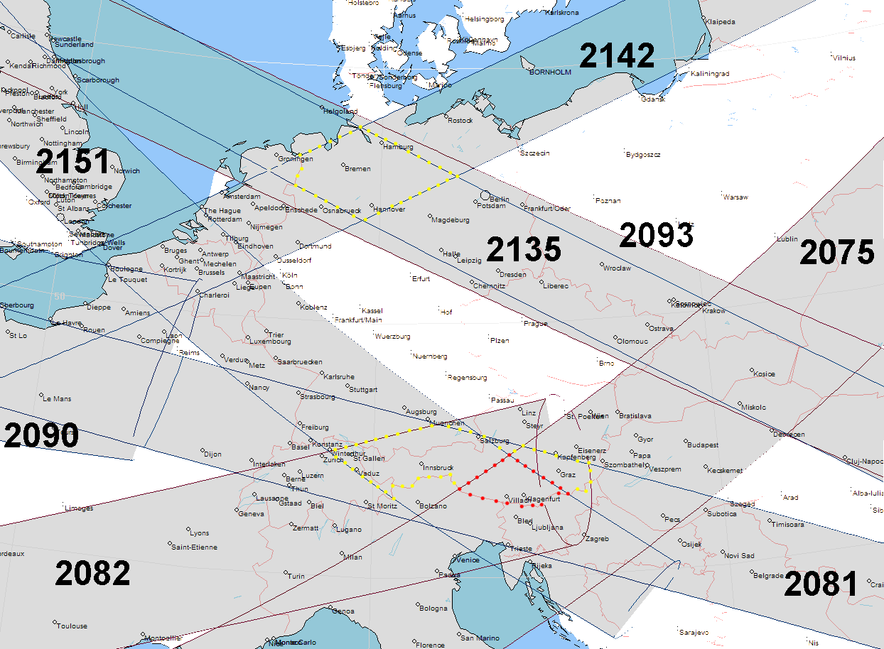 Verlauf von  8 Zentralzone zwischen 2075 und 2151 über Mitteleuropa